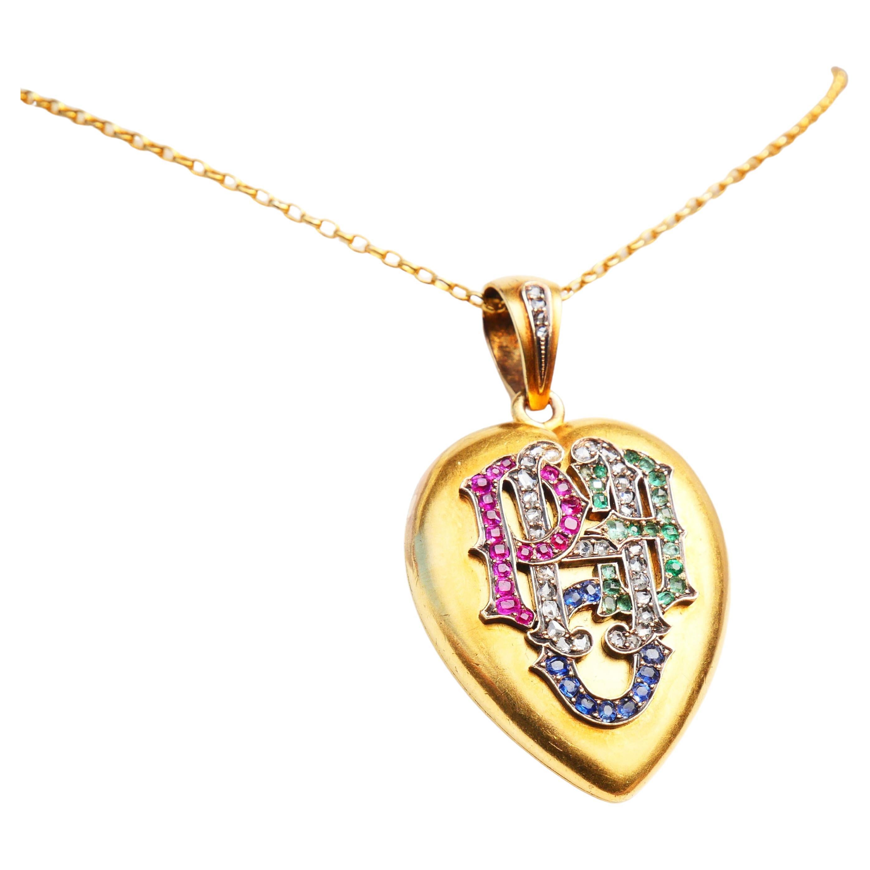 Antique Hope Love Heart Locket Pendant 82 Diamond Sapphire Ruby Emerald 14K Gold For Sale