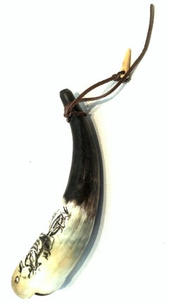 Antique Horn Carved Scrimshaw Powder Horn Flask