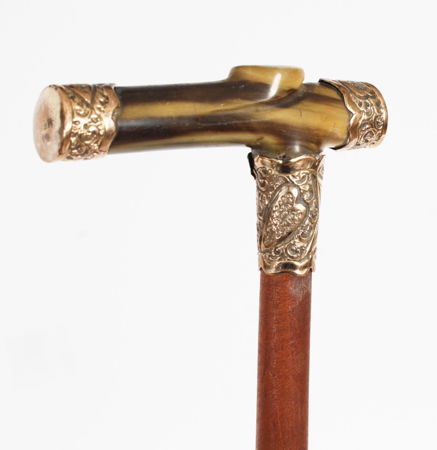Antique Horn Gold Mounted Walking Cane Stick Late 19th Century For Sale 8