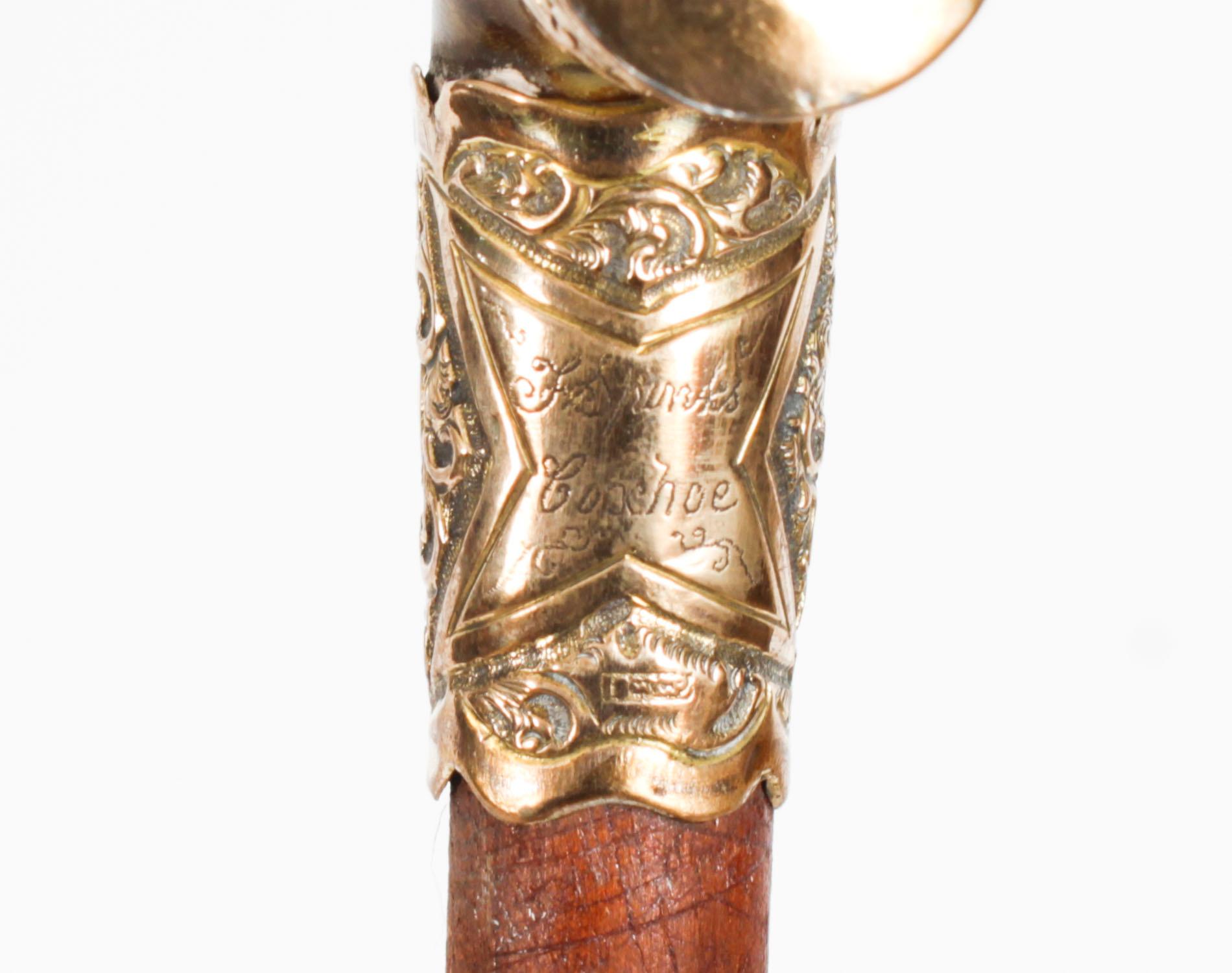 Antique Horn Gold Mounted Walking Cane Stick Late 19th Century For Sale 11