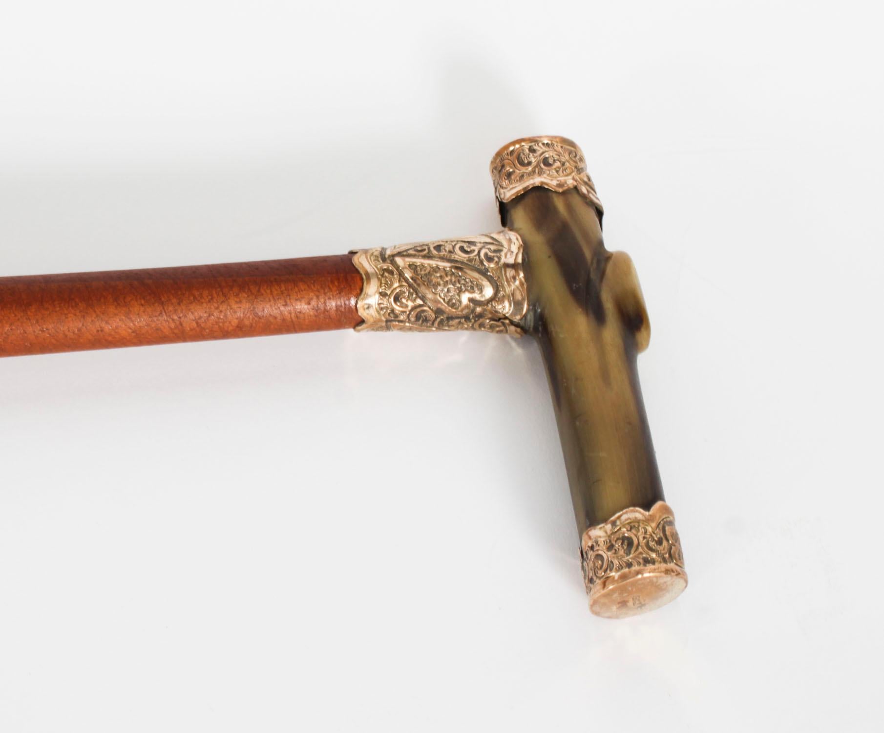 Antique Horn Gold Mounted Walking Cane Stick Late 19th Century For Sale 13