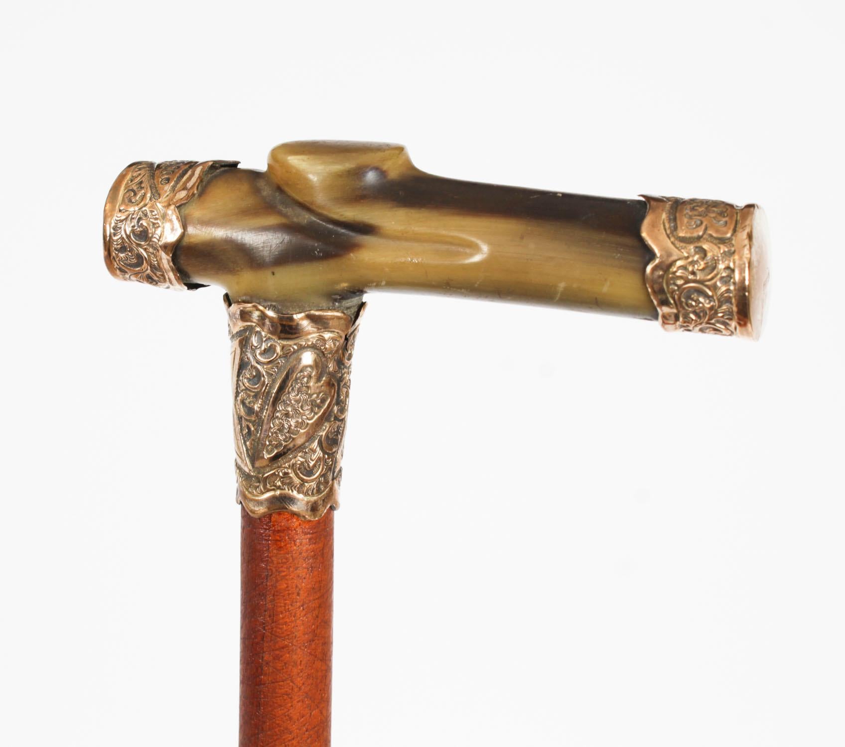 Antique Horn Gold Mounted Walking Cane Stick Late 19th Century For Sale 14