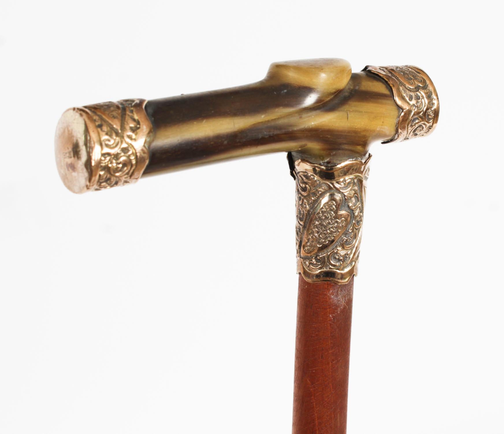 English Antique Horn Gold Mounted Walking Cane Stick Late 19th Century For Sale