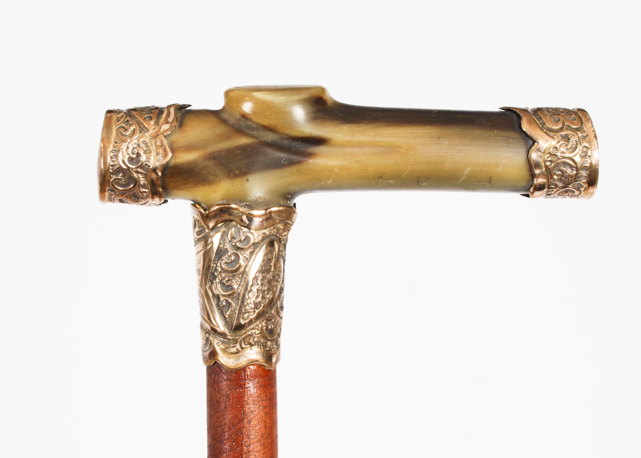 Antique Horn Gold Mounted Walking Cane Stick Late 19th Century In Good Condition For Sale In London, GB