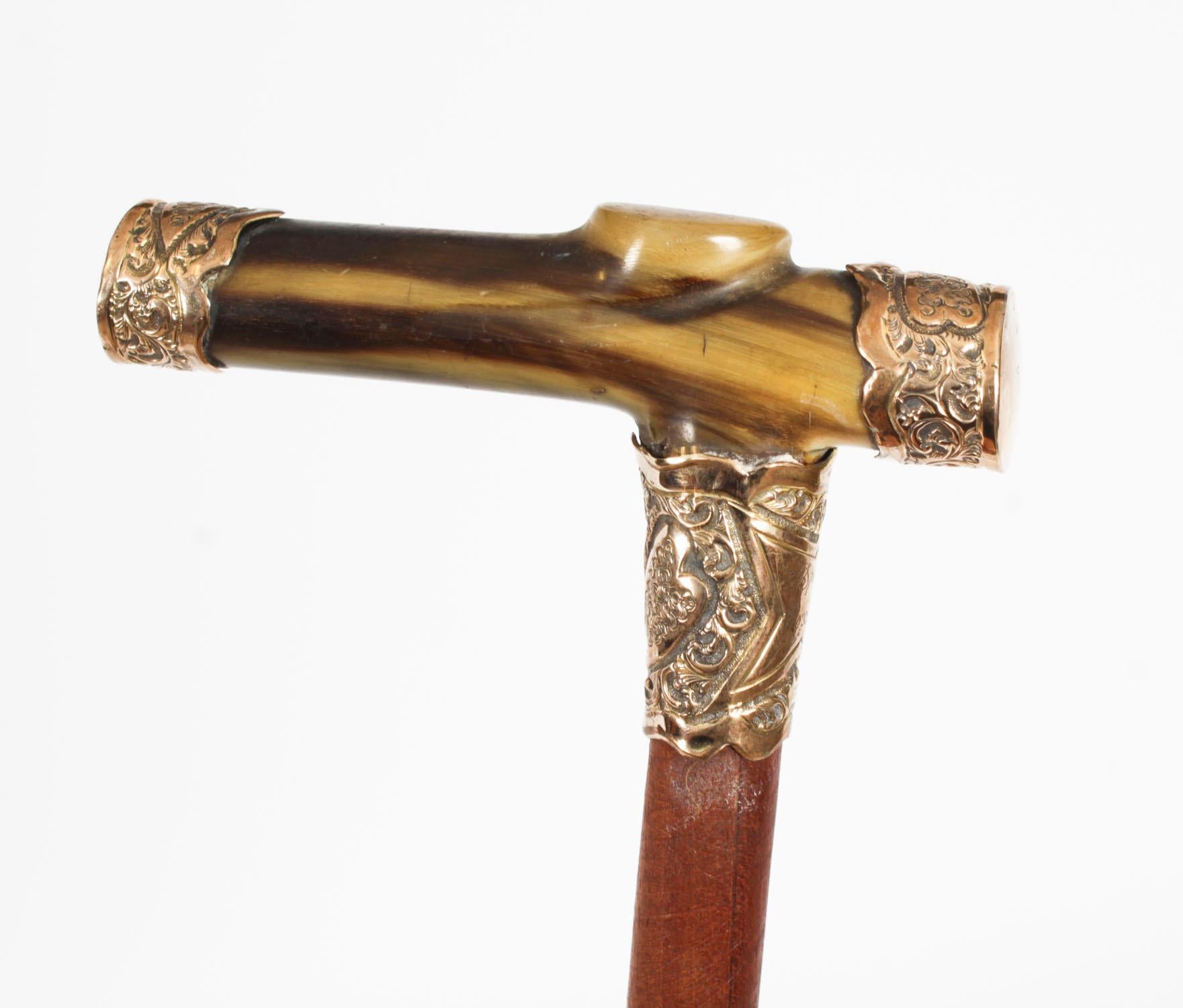 Antique Horn Gold Mounted Walking Cane Stick Late 19th Century For Sale 3