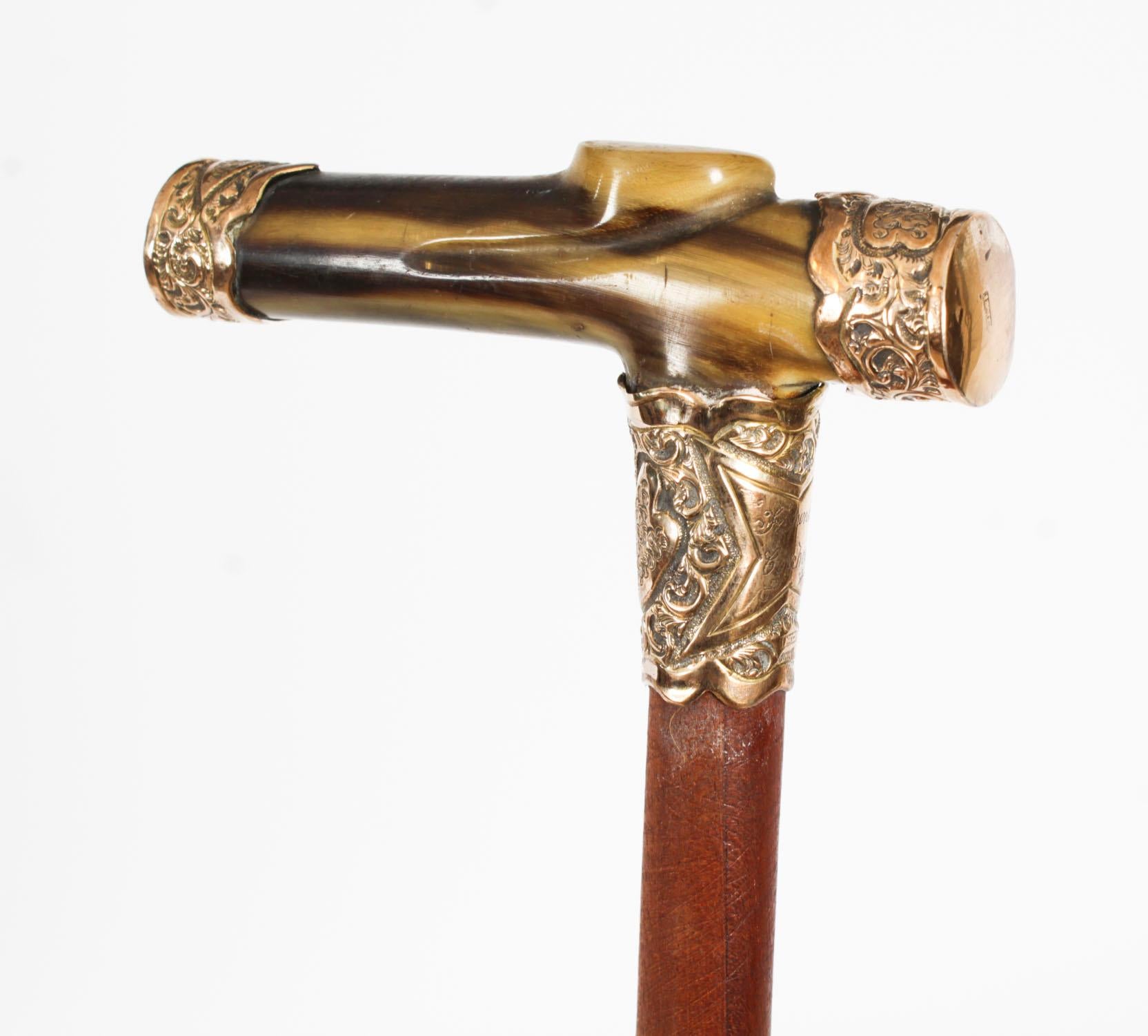 Antique Horn Gold Mounted Walking Cane Stick Late 19th Century For Sale 4