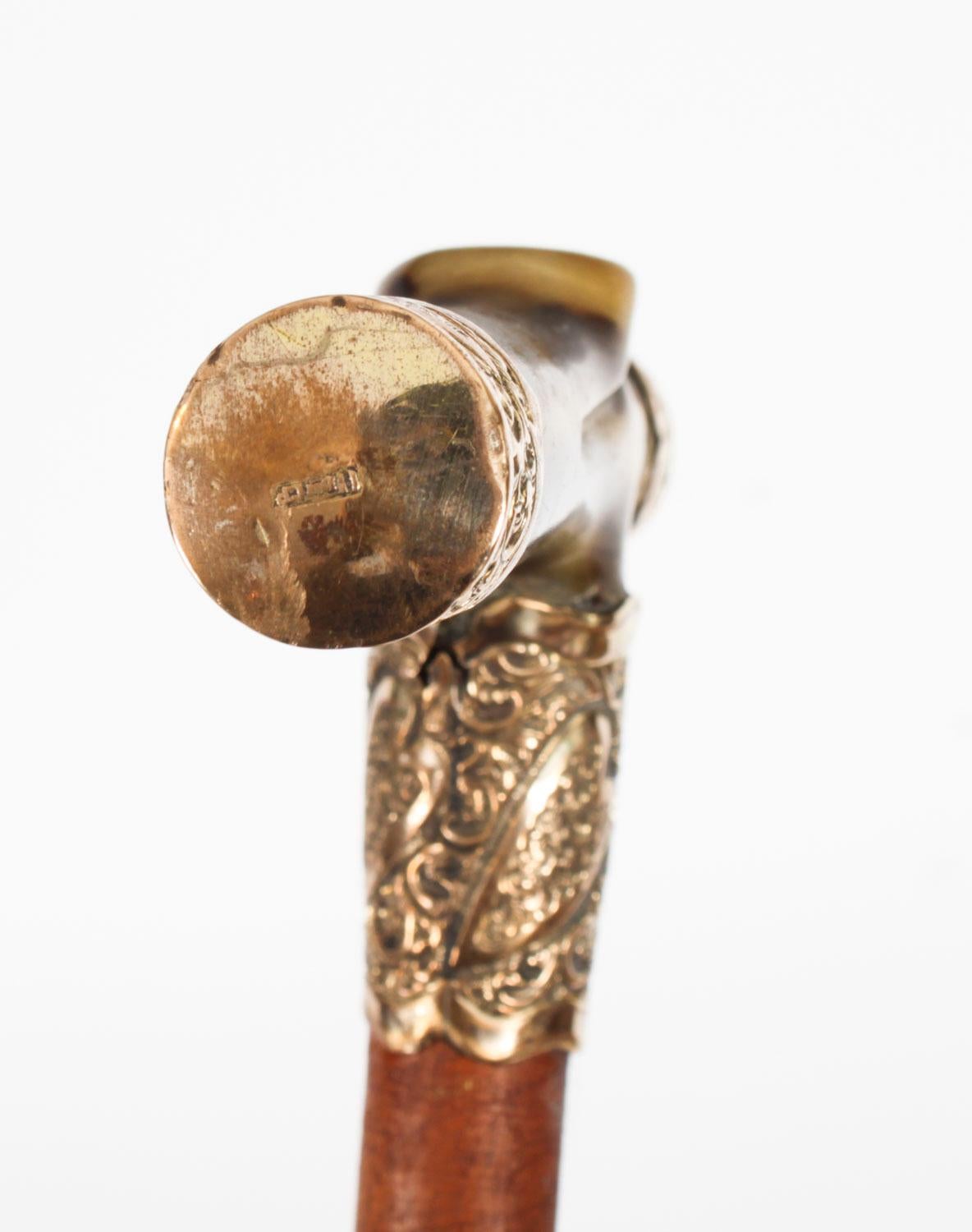 Antique Horn Gold Mounted Walking Cane Stick Late 19th Century For Sale 5