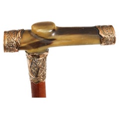 Antique Horn Gold Mounted Walking Cane Stick Late 19th Century