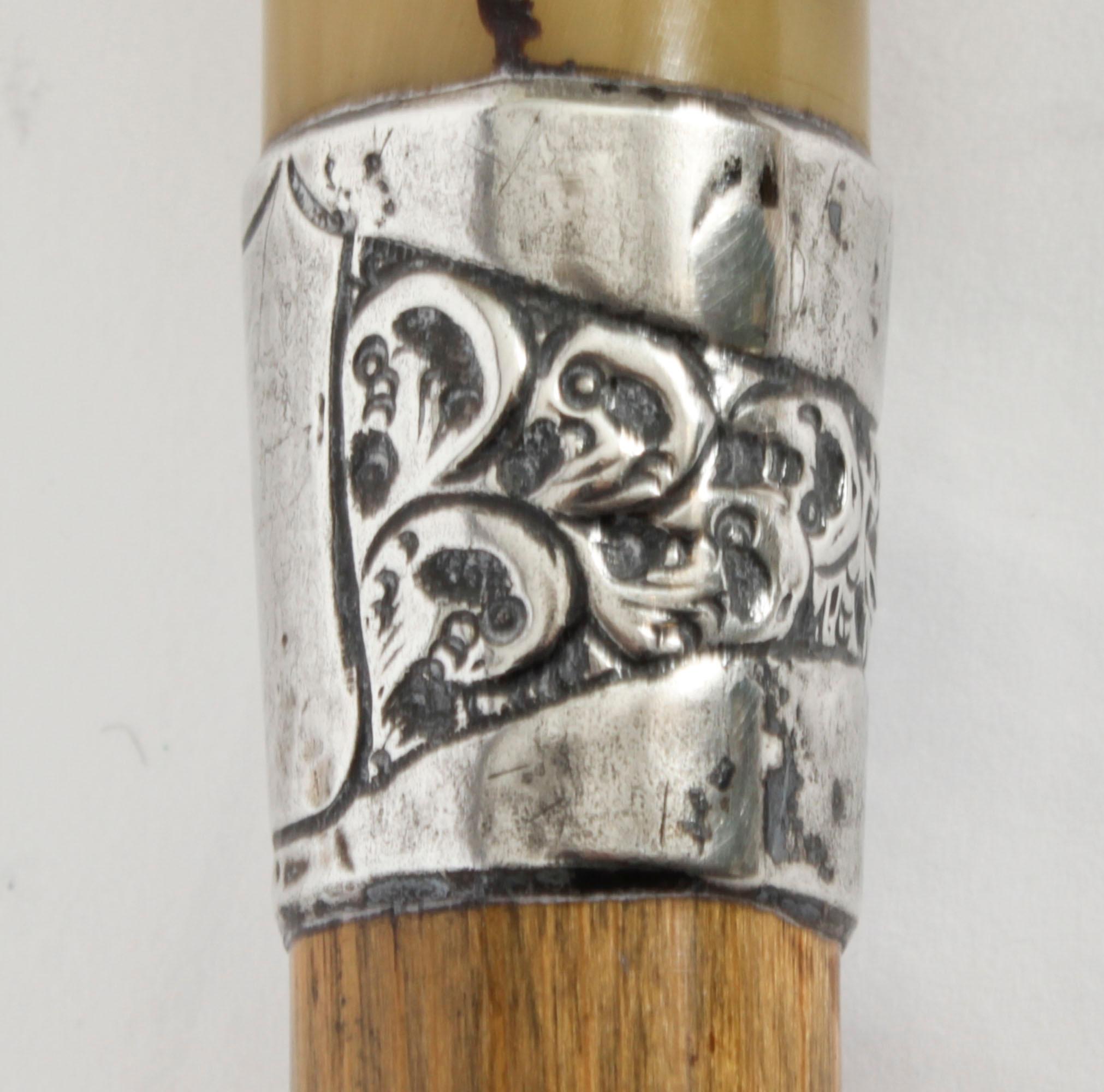 Antique Horn Handled Walking Cane Stick Silver Handle 19th C In Good Condition In London, GB