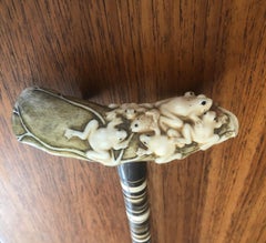 Antique Horn Handled Walking Stick, Frogs on Lilly Pad