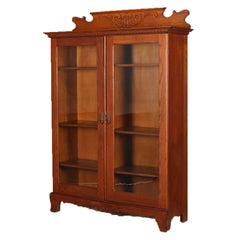 Antique Horner Bros, School Carved Oak Double Glass Door Bookcase, circa 1910