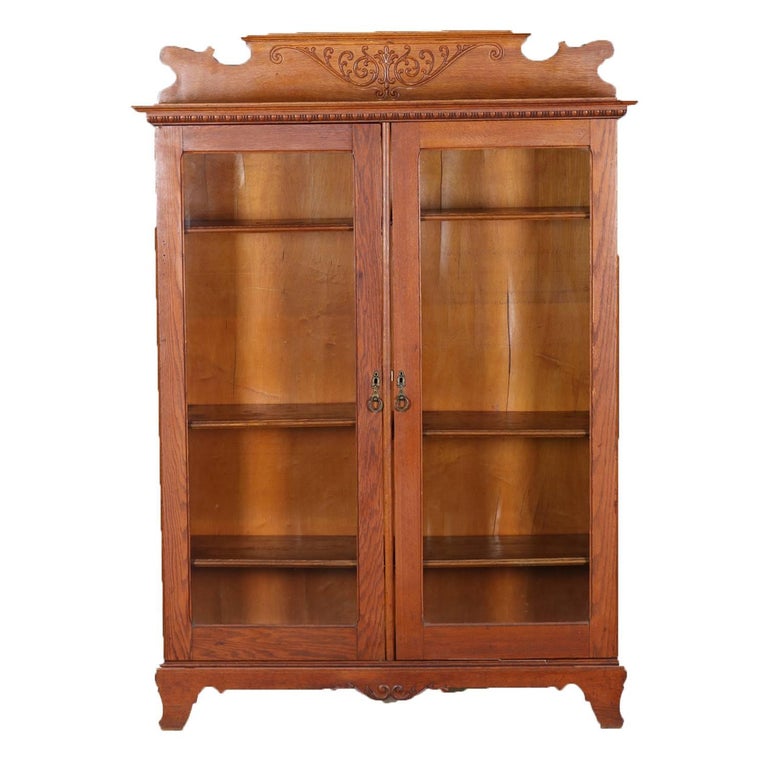 Antique Horner Bros, School Carved Oak Double Glass Door Bookcase