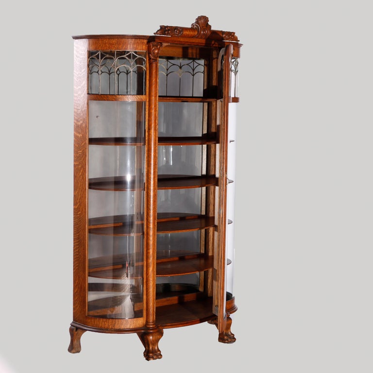 Antique Horner Carved Oak & Leaded Glass China Cabinet Circa 1900 In Good Condition In Big Flats, NY