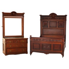 Antique Horner Figural Carved Mahogany Bedroom Set, Dresser & Full Size Bed