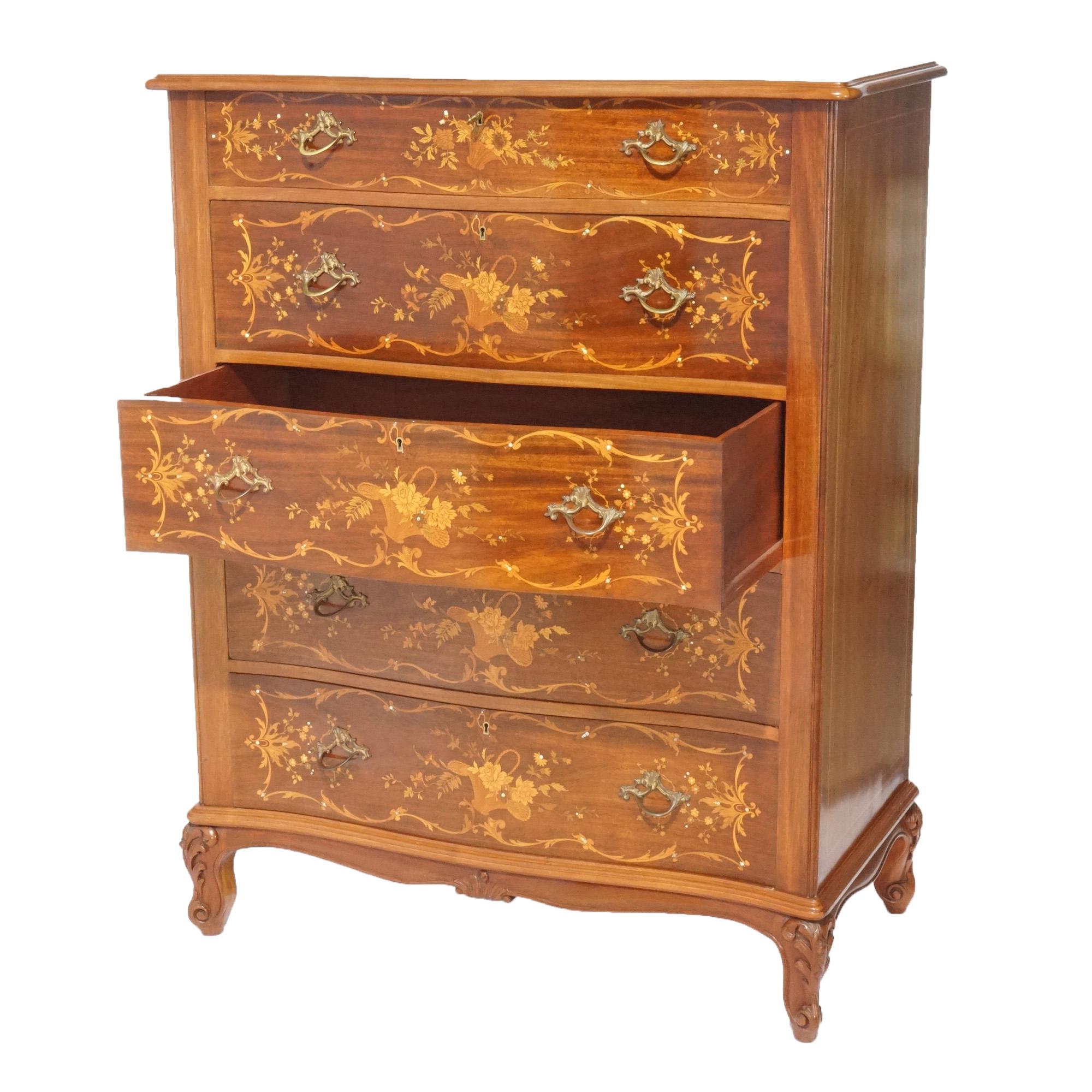 An antique RJ Horner high chest of drawers offers mahogany construction with five drawers having satinwood panier de fleurs marquetry design, raised on foliate carved cabriole legs, c1890

Measures- 49''H x 38''W x 19.75''D.