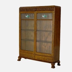 Antique Horner School Arts & Crafts Oak Two-Door Leaded Glass Bookcase c1910