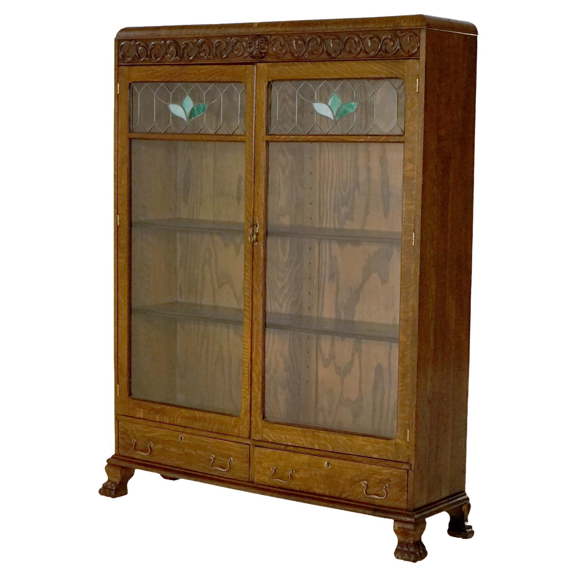Ornately Carved Oak Bookcase with Leaded Glass Doors at 1stDibs antique oak bookcase with