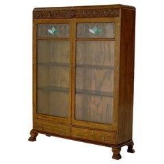 Antique Horner School Arts & Crafts Oak Two-Door Leaded Glass Bookcase c1910