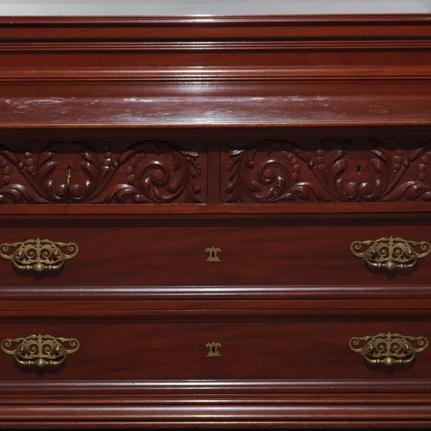 Victorian Antique Horner School Carved Mahogany Chest of Drawers and Mirror, circa 1900 For Sale