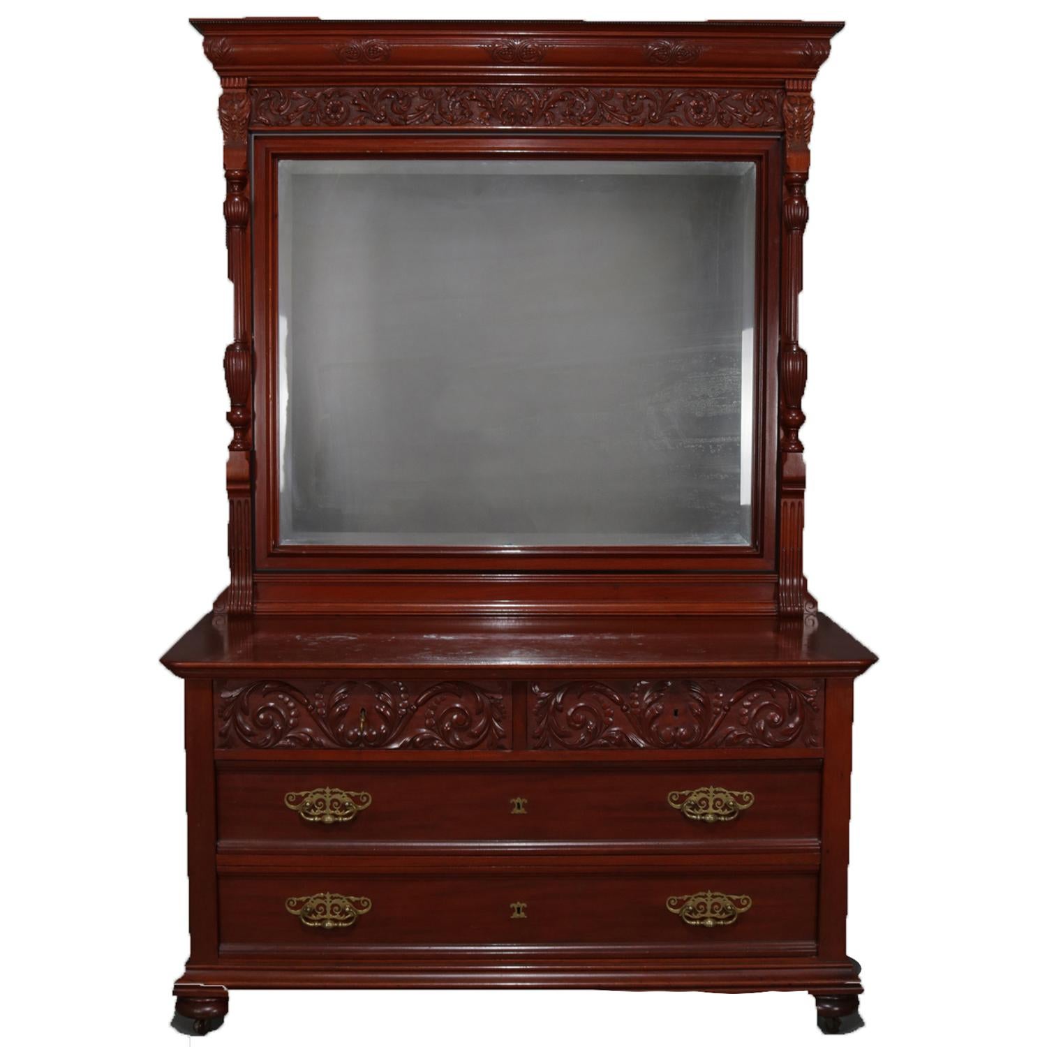 Antique Horner School Carved Mahogany Chest of Drawers and Mirror, circa 1900 For Sale