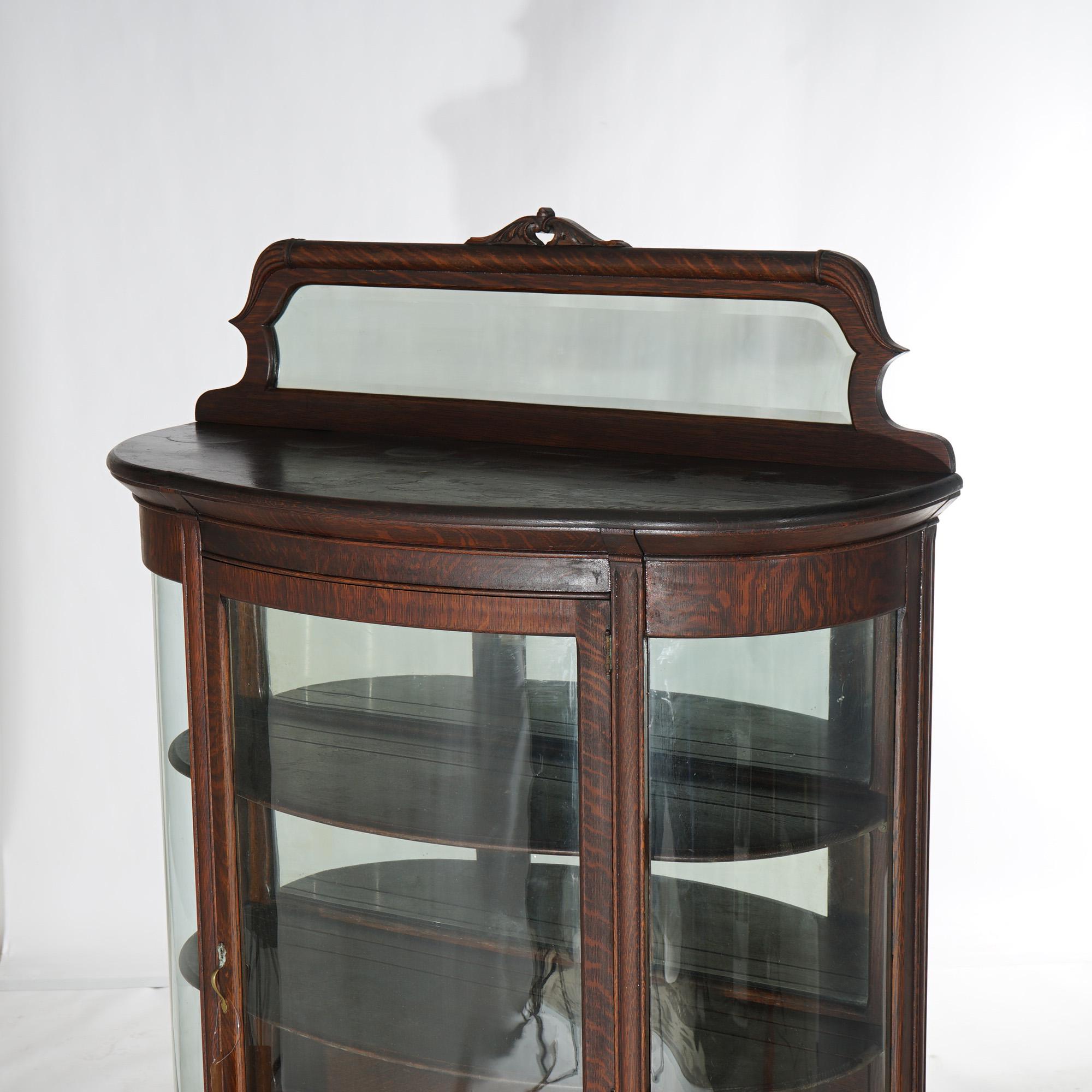 Antique Horner School Carved Oak Curved Glass China Cabinet Circa 1900 3