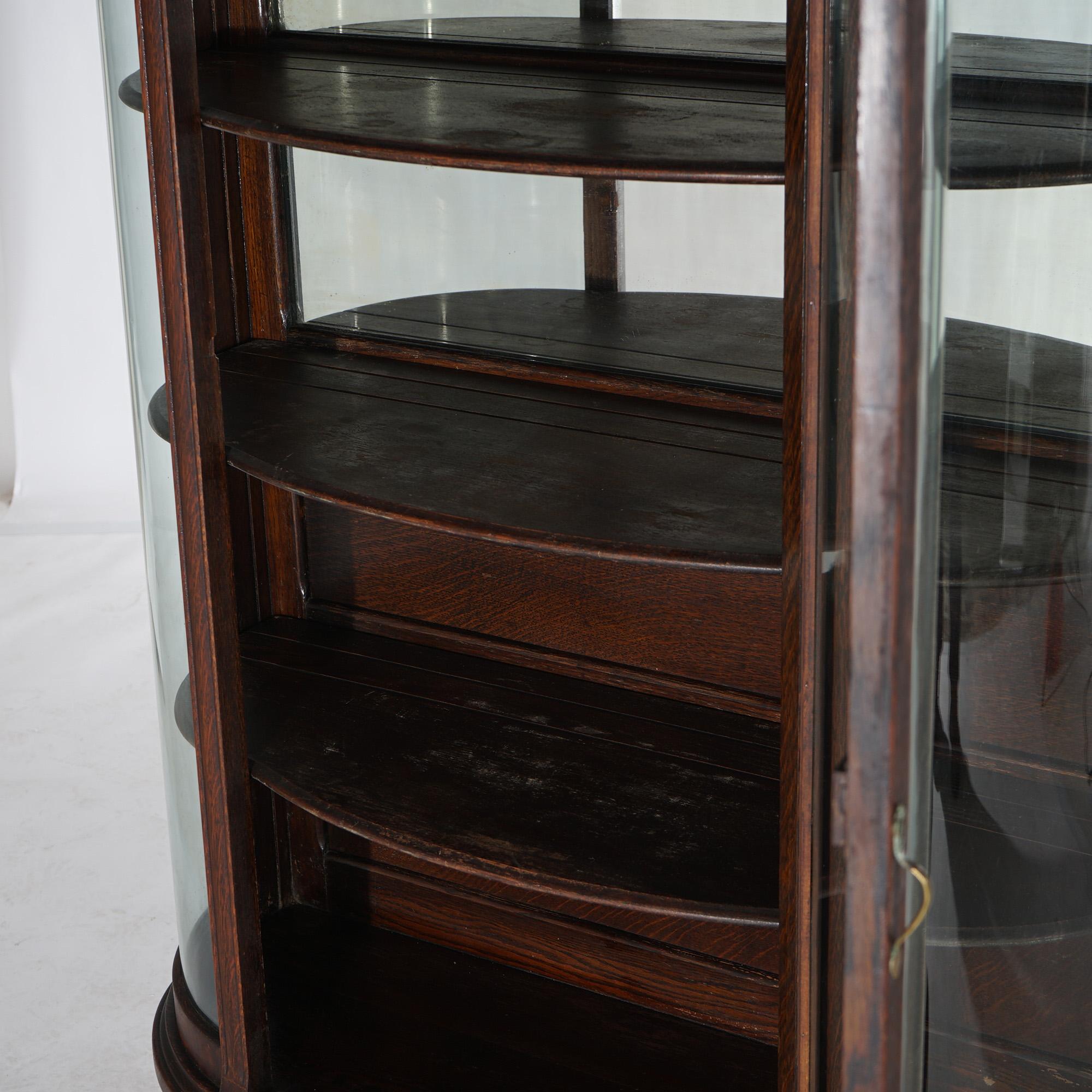 20th Century Antique Horner School Carved Oak Curved Glass China Cabinet Circa 1900