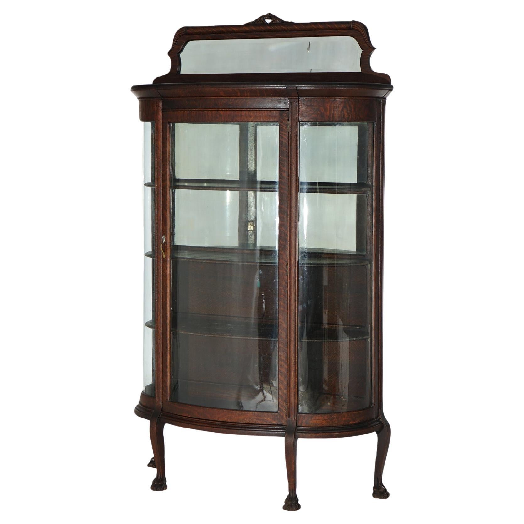 Antique Horner School Carved Oak Curved Glass China Cabinet Circa 1900