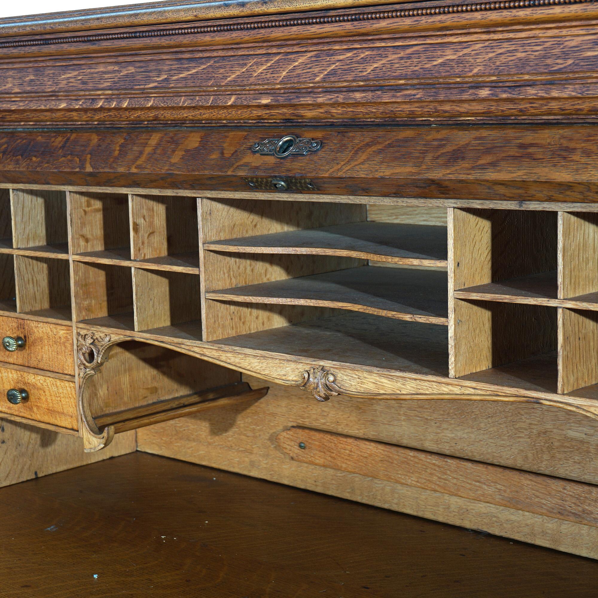 Antique Horner School Carved Oak S-Roll Top Desk with Full Interior c1900 4