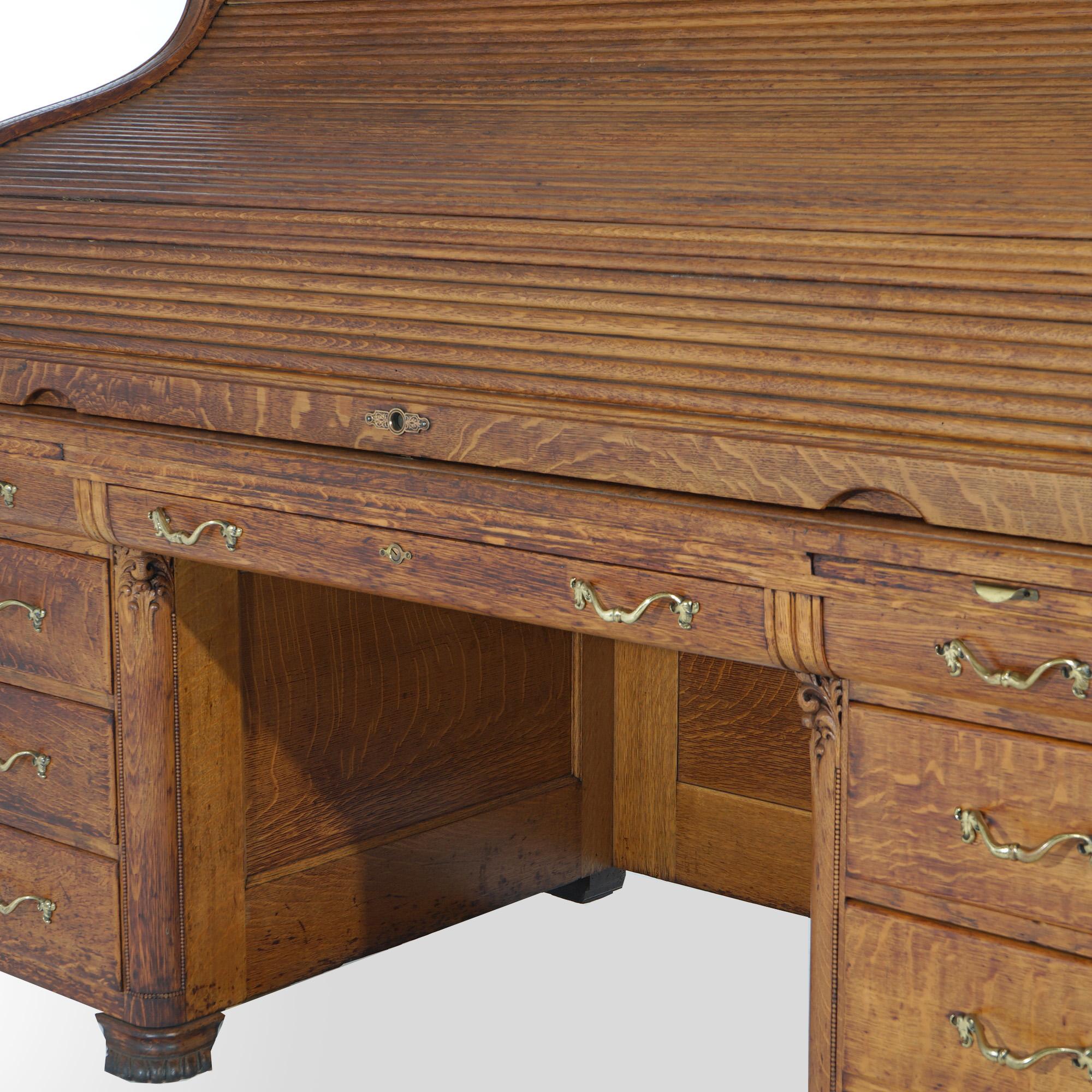 American Antique Horner School Carved Oak S-Roll Top Desk with Full Interior c1900