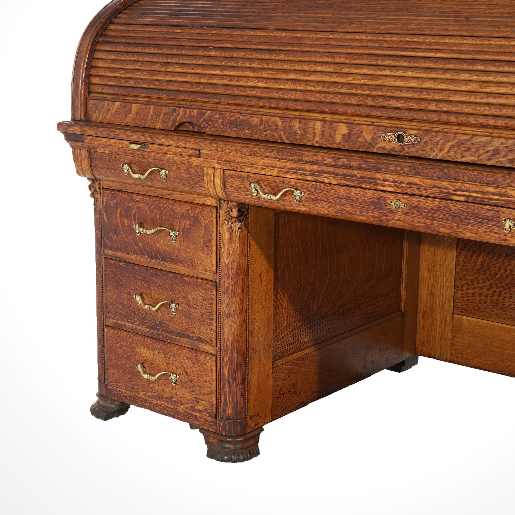 Antique Horner School Carved Oak S-Roll Top Desk with Full Interior c1900 In Good Condition In Big Flats, NY