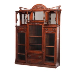 Antique Horner School Carved Oak Triple-Door Side-by-side Bookcase, C1900