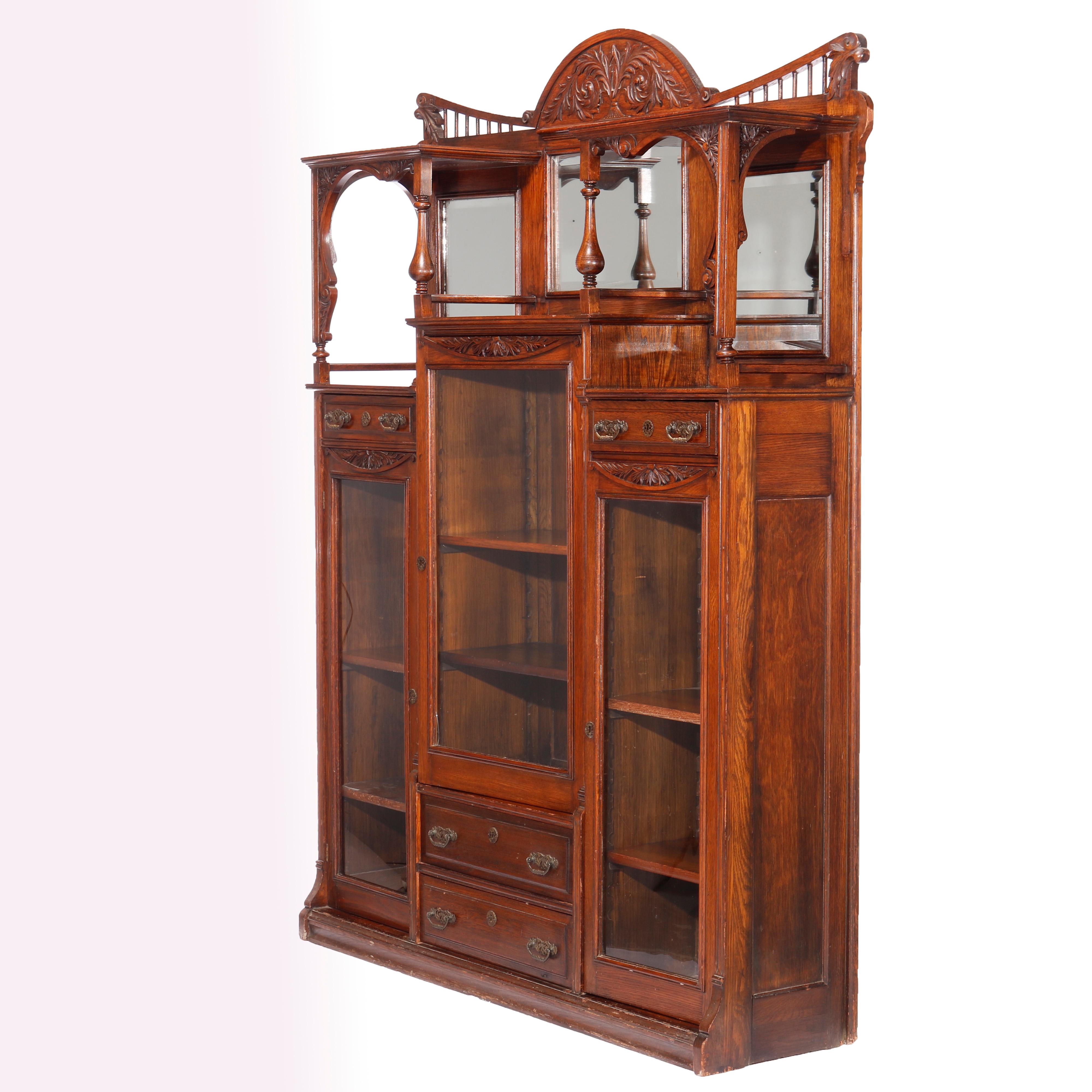 Antique Horner School Carved Oak Triple-Door Side-by-side Bookcase, C1900 In Good Condition In Big Flats, NY