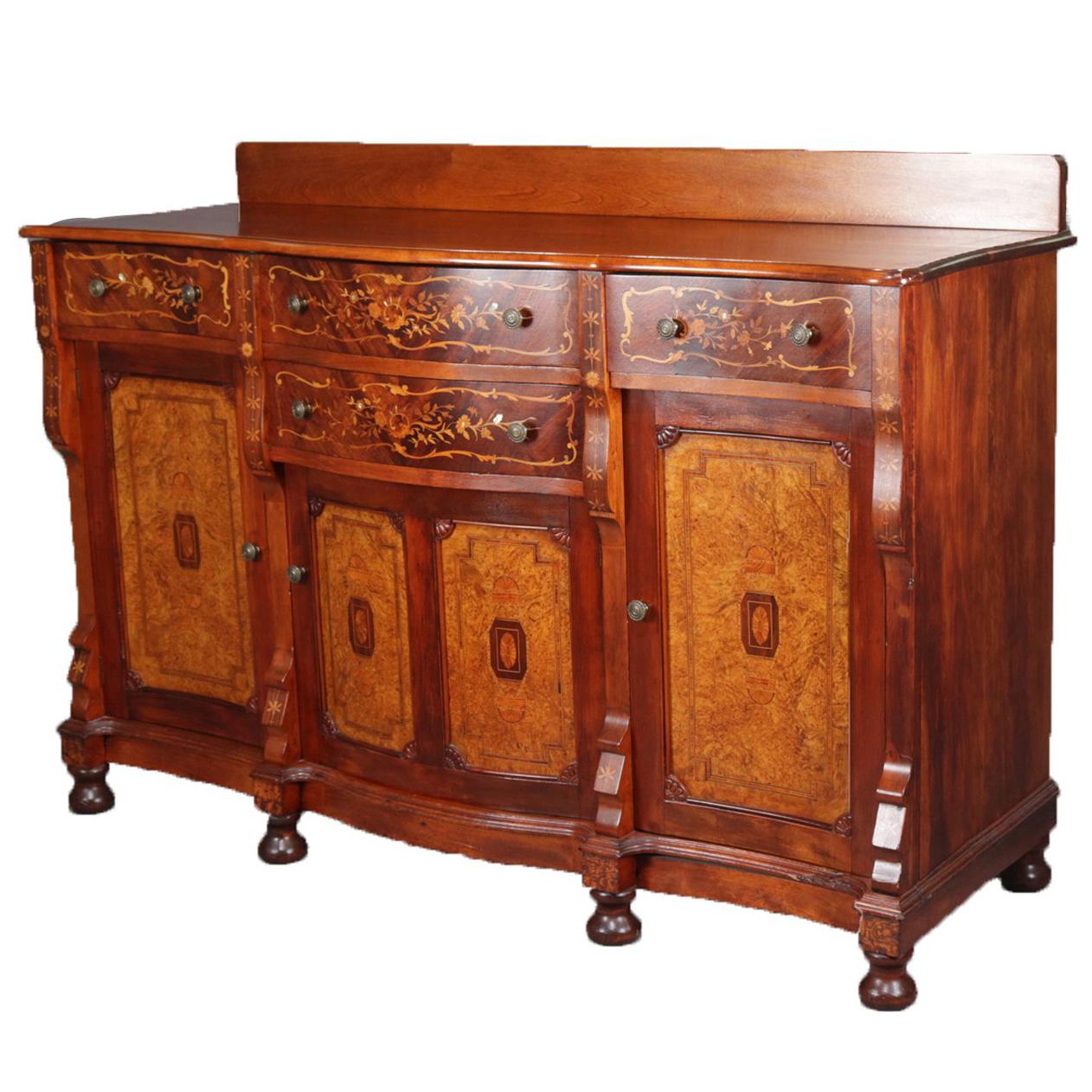Antique Horner School Inlaid Mahogany and Burl Foliate Marquetry Sideboard