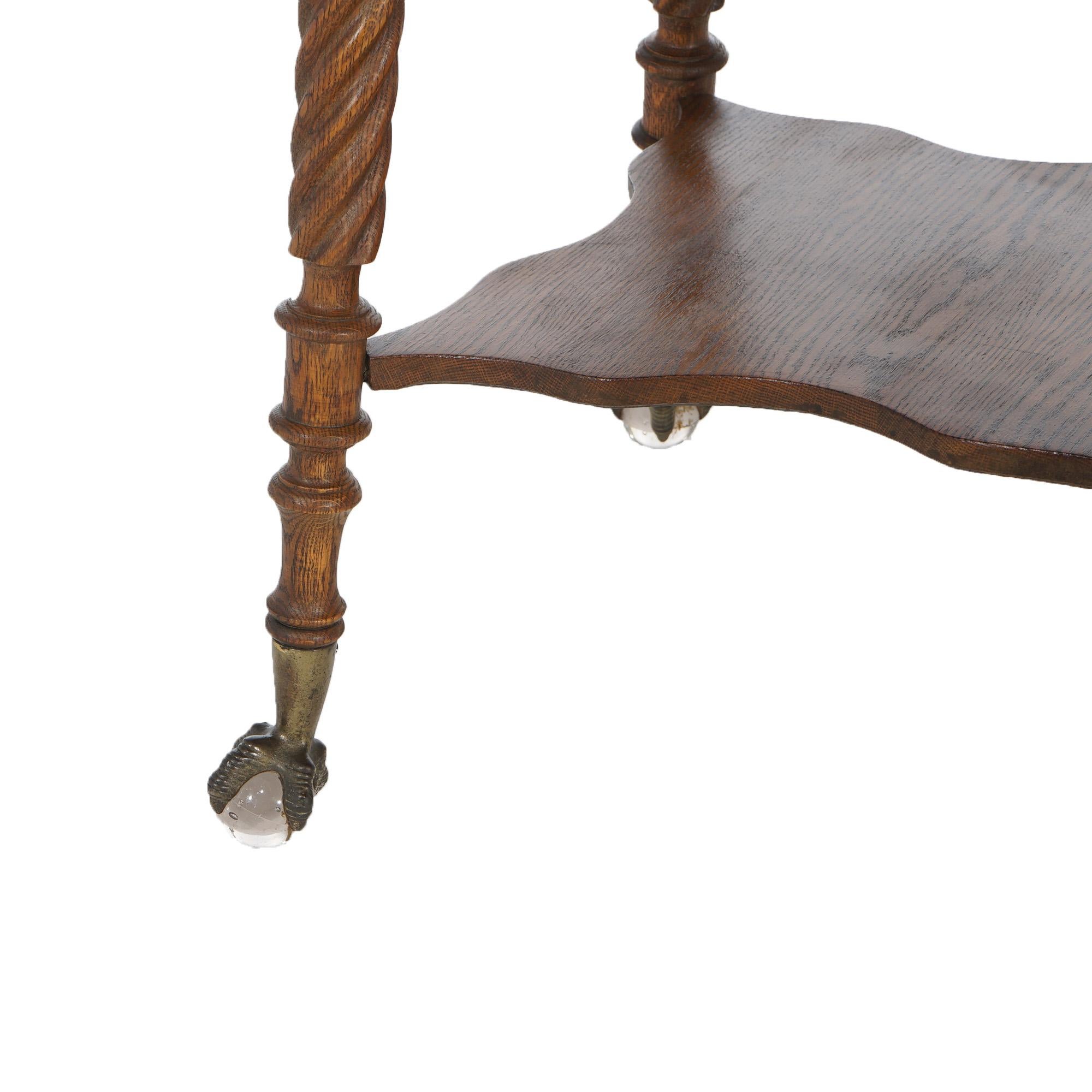 Antique Horner School Oak Cloverleaf Claw Foot & Crystal Table With Twisted Legs For Sale 7