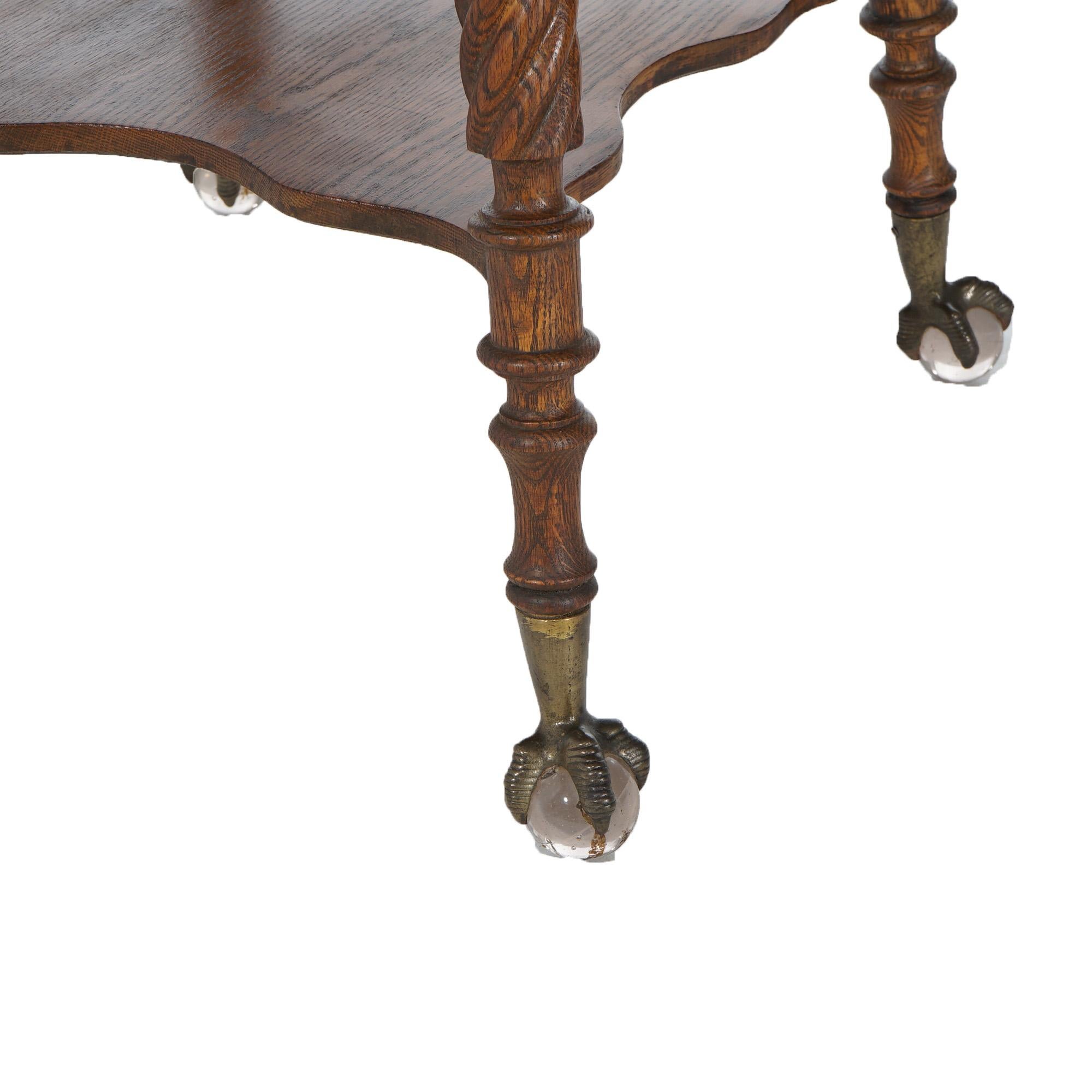 Antique Horner School Oak Cloverleaf Claw Foot & Crystal Table With Twisted Legs For Sale 8