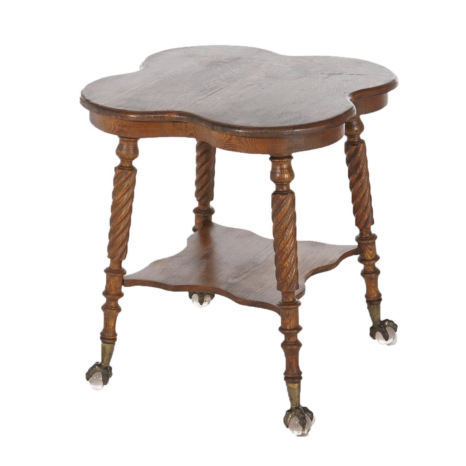 ***Ask About Reduced In-House Delivery Rates - Reliable Professional Service & Fully Insured***
Antique Horner School Oak Cloverleaf Claw Foot & Crystal Table With Twisted Legs

Measures- 29.5''H x 33''W x 33''D