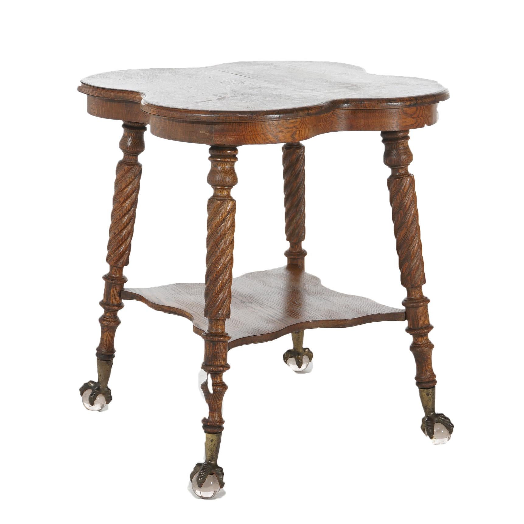 American Antique Horner School Oak Cloverleaf Claw Foot & Crystal Table With Twisted Legs For Sale