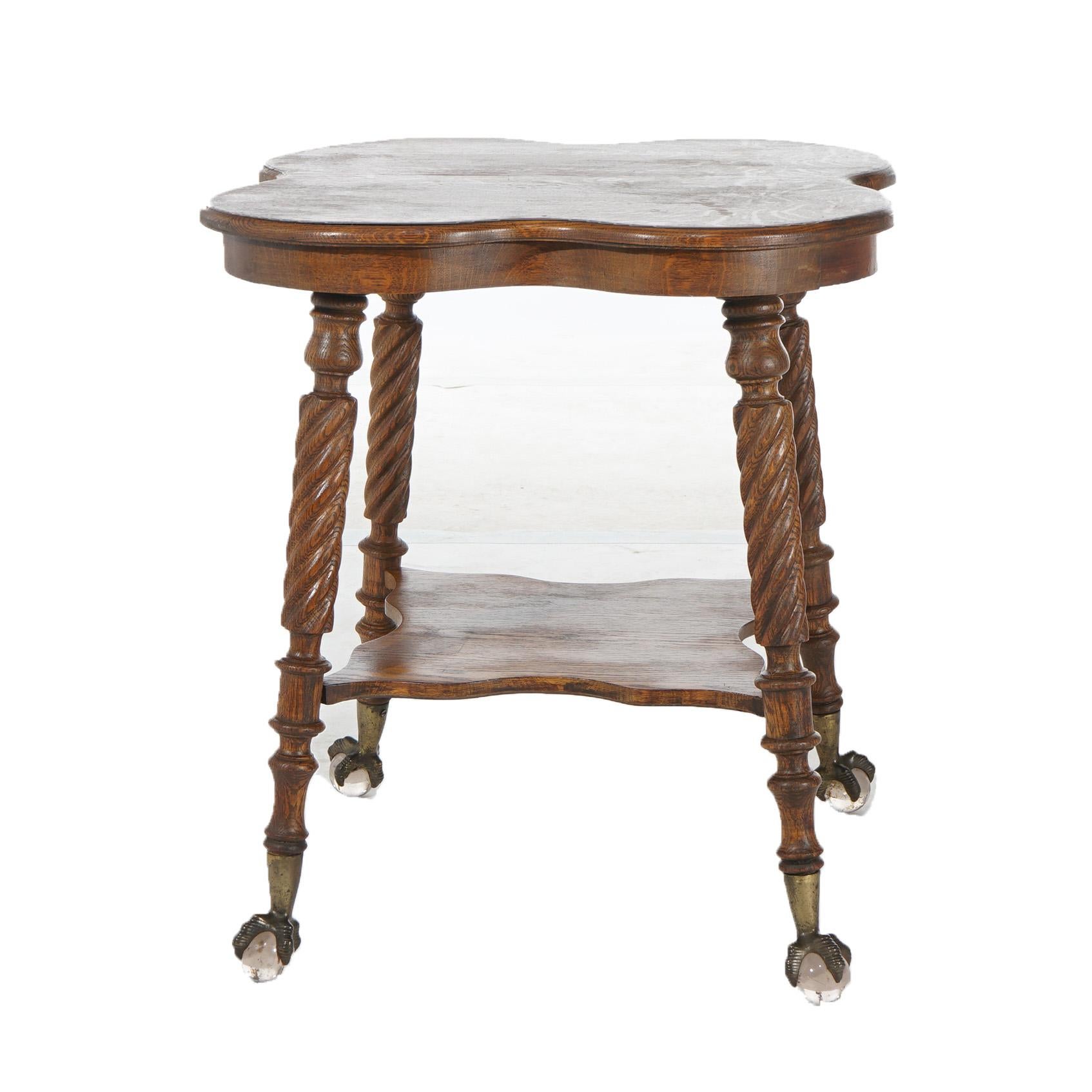 American Antique Horner School Oak Cloverleaf Claw Foot & Crystal Table With Twisted Legs For Sale