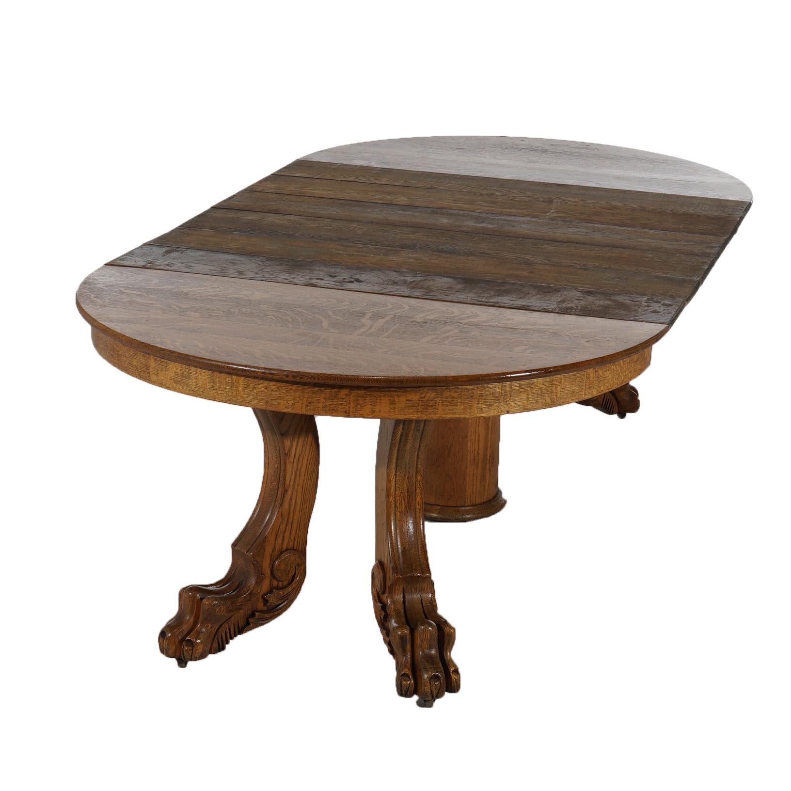 Antique Horner School Round Carved Oak Clawfoot Dining Table & Six Leaves C1920 For Sale 5