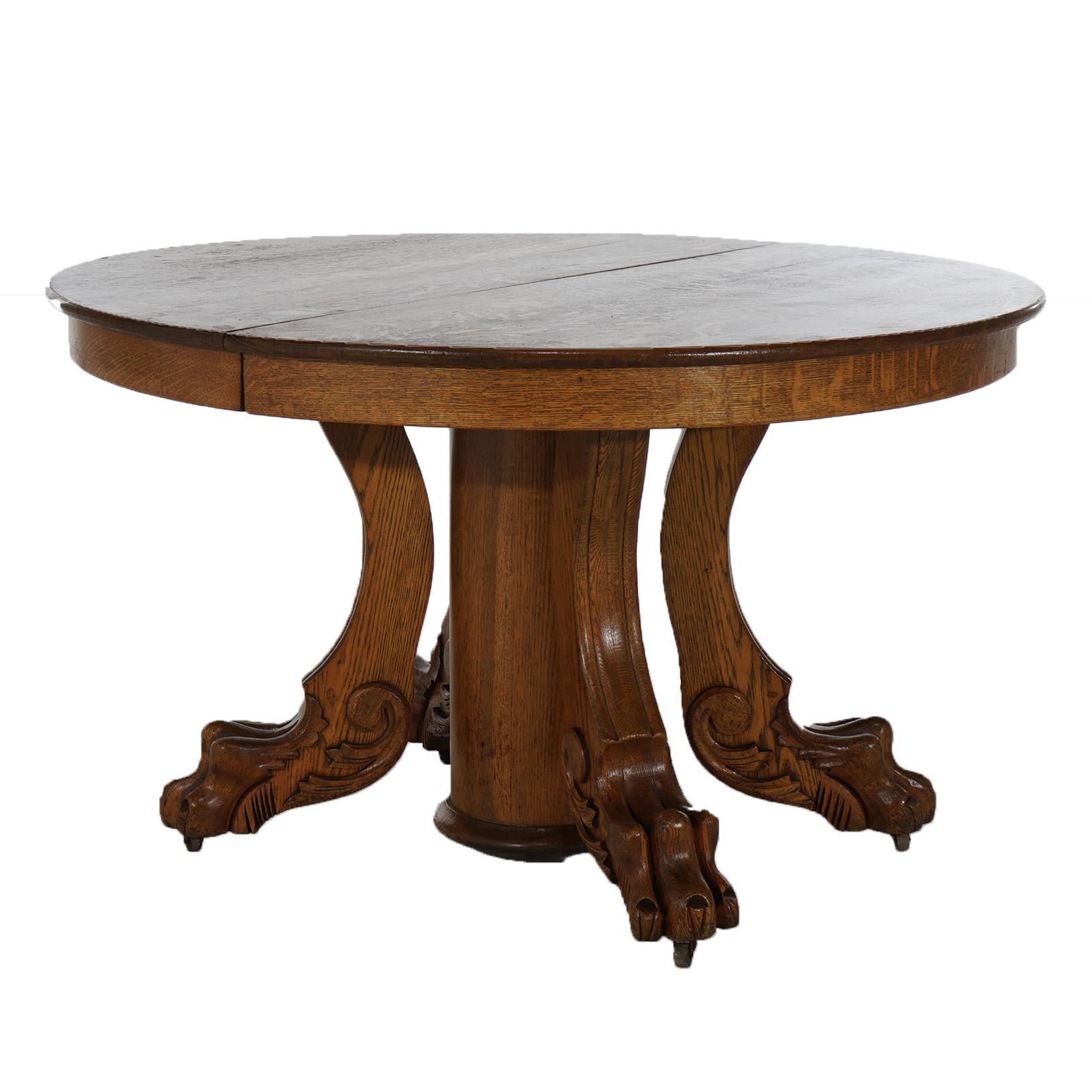 ***Ask About Reduced In-House Delivery Rates - Reliable Professional Service & Fully Insured***
Antique Horner School Round Carved Oak Clawfoot Dining Table & Six Leaves C1920

Measures - 95.75