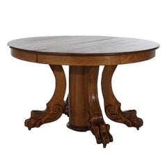 Antique Horner School Round Carved Oak Clawfoot Dining Table & Six Leaves C1920