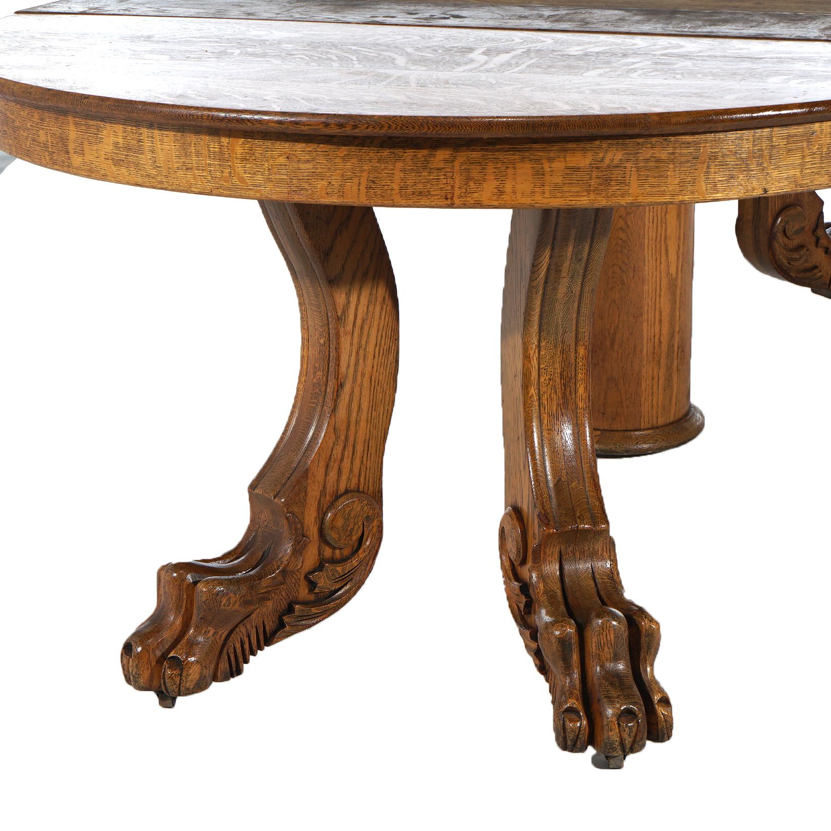 Ancienne table de salle à manger ronde de l'école Horner en chêne sculpté à pieds griffes et six feuilles C1920 Bon état - En vente à Big Flats, NY