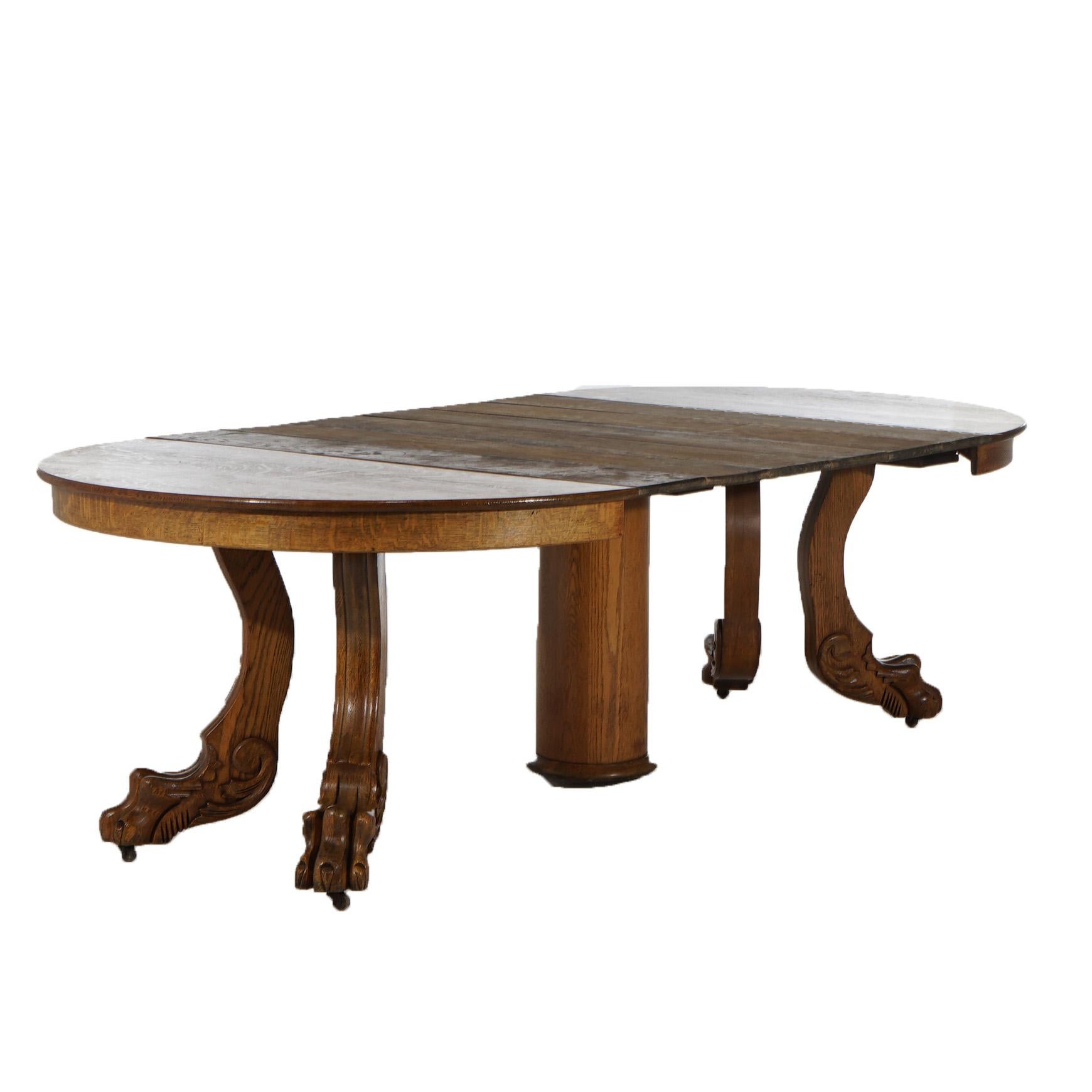 Antique Horner School Round Carved Oak Clawfoot Dining Table & Six Leaves C1920 1