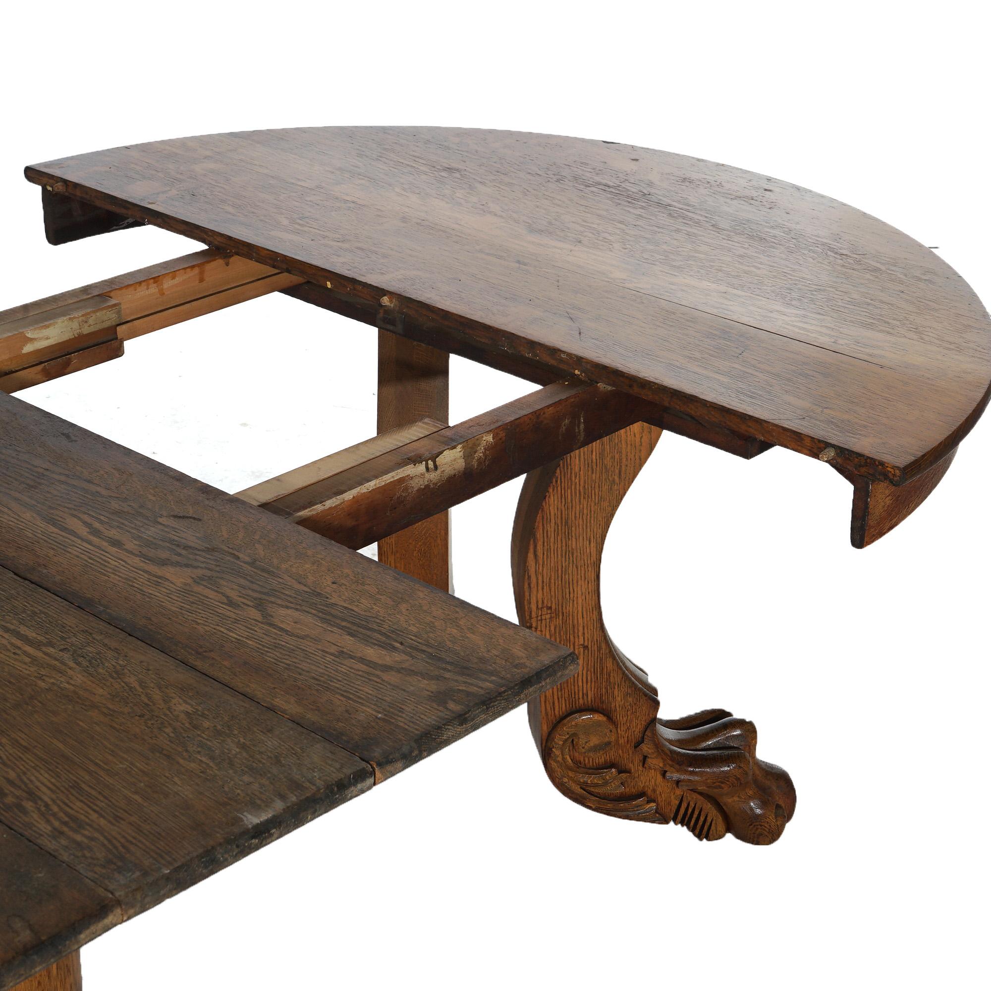 Antique Horner School Round Carved Oak Clawfoot Dining Table & Six Leaves C1920 For Sale 3