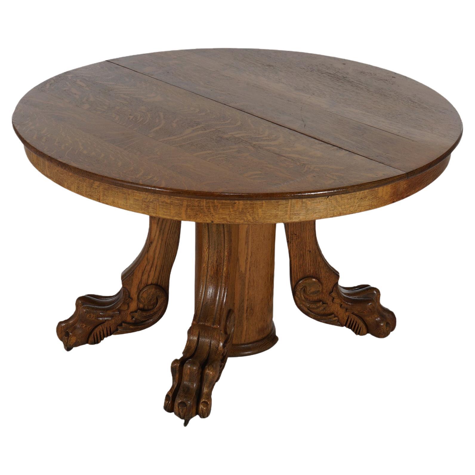 Antique Horner School Round Carved Oak Clawfoot Dining Table & Six Leaves C1920 For Sale