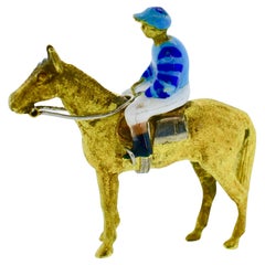 Antike Pferde- und Jockeybrosche aus 18 Karat und Emaille, englisch, um 1900