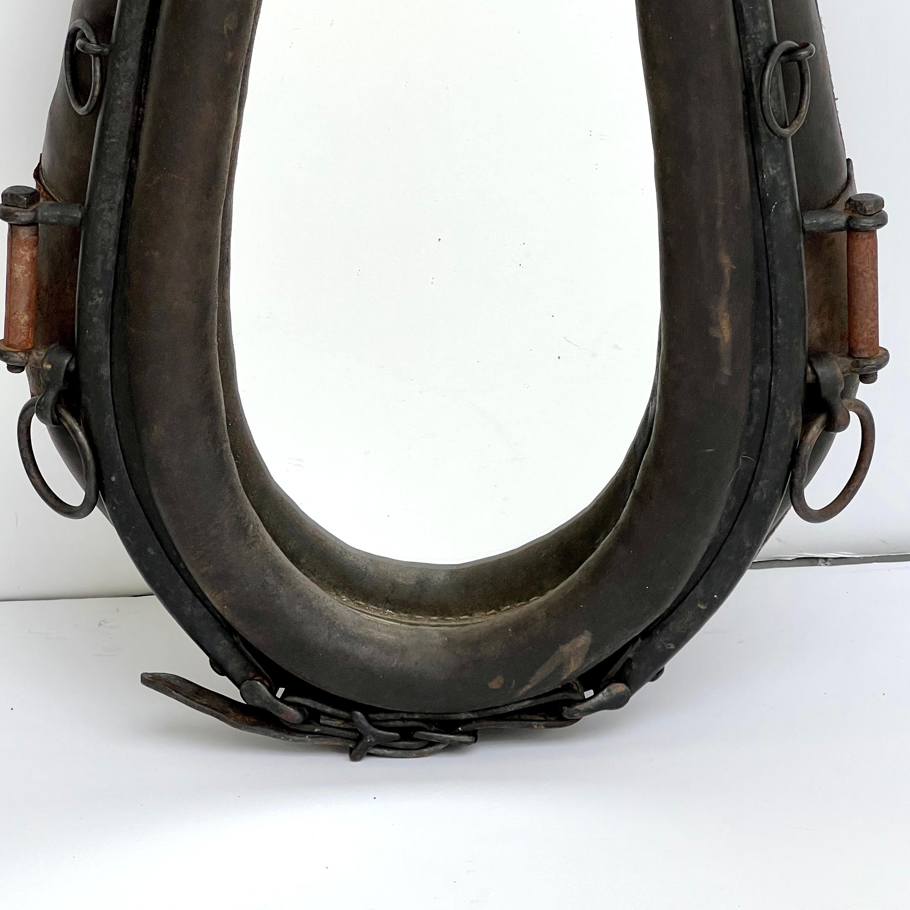 Rustic Antique Equestrian Horse Collar Mirror in Distressed Leather For Sale
