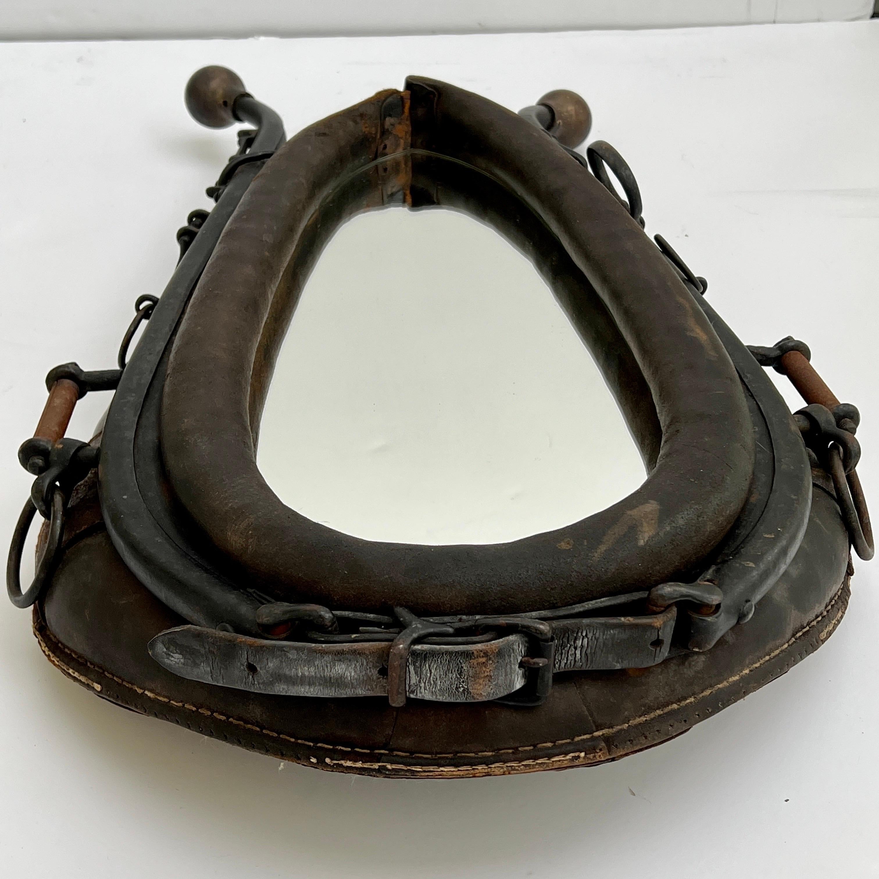Enameled Antique Equestrian Horse Collar Mirror in Distressed Leather For Sale