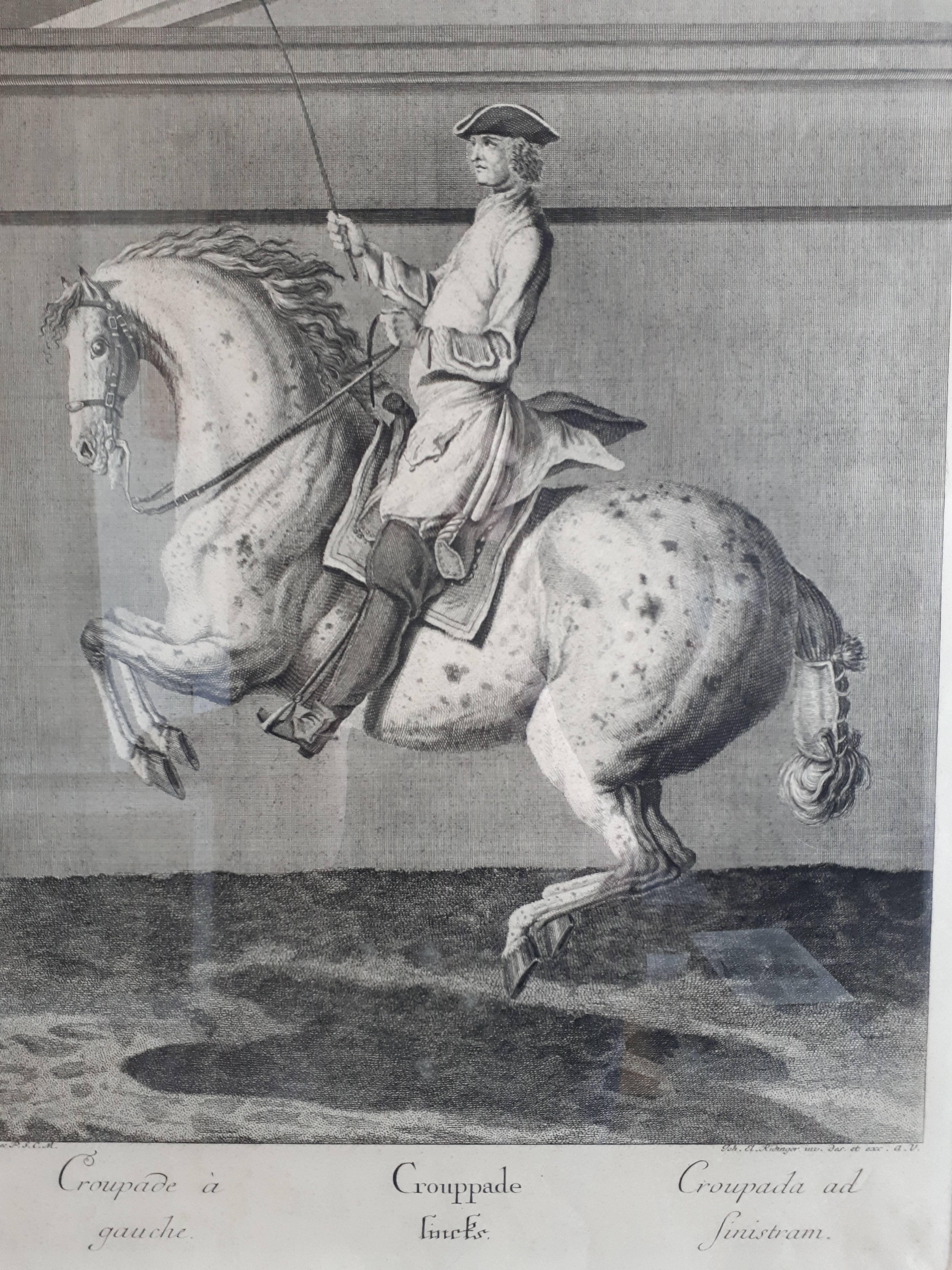 Gravure ancienne intitulée 'Croupade à gauche. Les lincks de Crouppade. Croupada ad sinistram