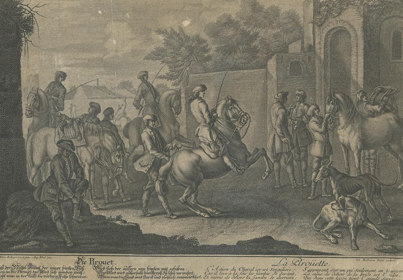 Impression ancienne d'un cheval Pirouet par Ridinger (1722) État moyen - En vente à Langweer, NL